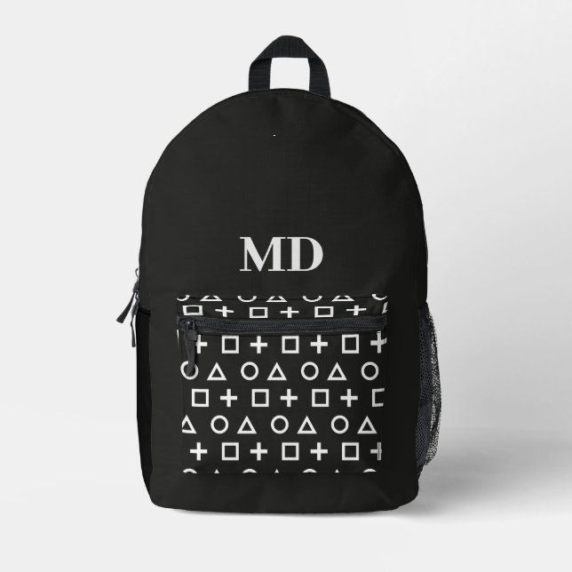 Mochila Impresa Monograma del patrón de juego negro y blanco (Anverso)