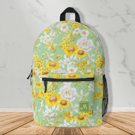 Mochila Impresa Monograma del patrón floral verde bonito amarillo