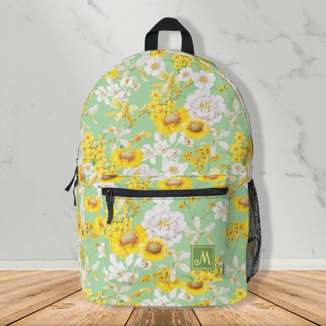 Mochila Impresa Monograma del patrón floral verde bonito amarillo (Pretty yellow green stunning floral pattern monogram girly backpack, back to school, gift ideas)