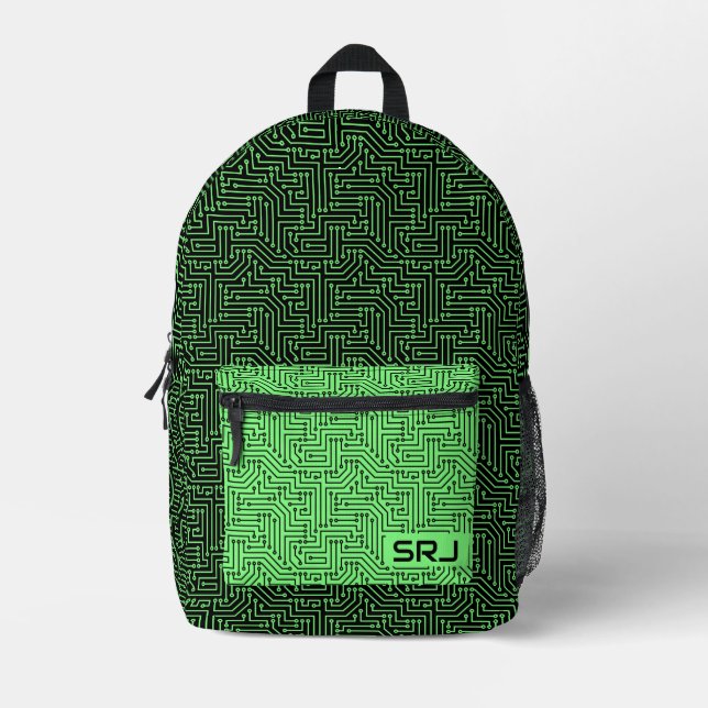 Mochila Impresa Monograma del Personalizado negro verde neón de la (Anverso)