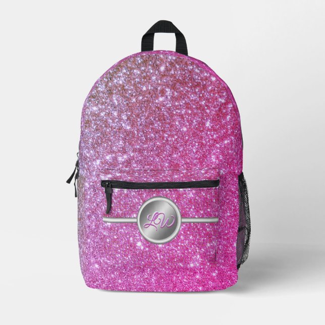 Mochila Impresa Monograma del purpurina espumoso rosa (Anverso)