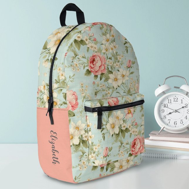 Mochila Impresa Monograma elegante de Chicas florales (A pretty shabby chic rose pattern decorates this school backpack. Personalize it with your name.)