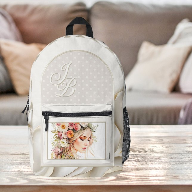 Mochila Impresa Monograma elegante de la Moda Boho (Backpack featuring a watercolor illustration (or your custom photo) on tan ivory with your monogram)