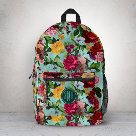 Mochila Impresa Monograma elegante de patrón acuático de flores ro