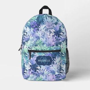 Mochila Impresa Monograma Elegante Hojas Azules Verdes
