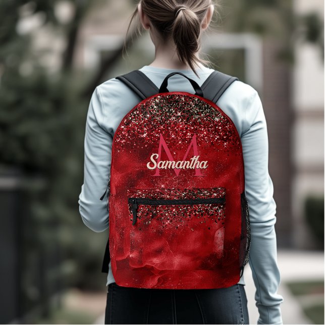 Mochila Impresa Monograma elegante purpurina de oro negro rojo (Subido por el creador)