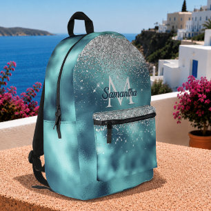 Mochila Impresa Monograma falsa de purpurina plateada turquesa lin