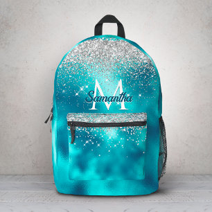 Mochila Impresa Monograma falsa de purpurina plateada turquesa lin