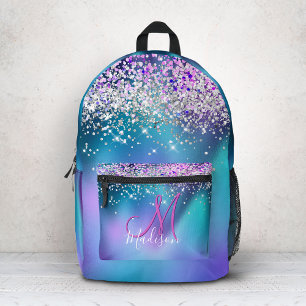 Mochila Impresa Monograma falsa de purpurina turquesa linda