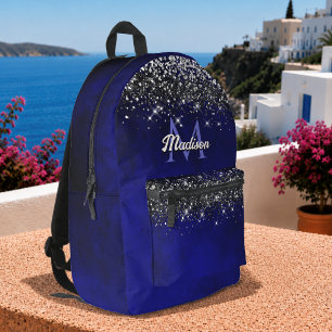 Mochila Impresa Monograma falso brillante de plata azul real lindo