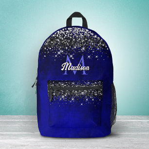 Mochila Impresa Monograma falso brillante de plata azul real lindo