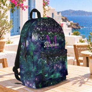 Mochila Impresa Monograma falso de purpura oscuro verde brillante