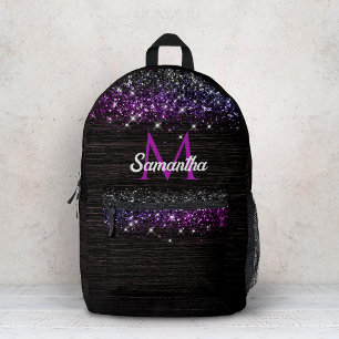 Mochila Impresa Monograma falso de purpurina negro morado lindo