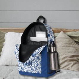 Mochila Impresa Monograma Floral Acuarela Toile Azul Nombre Inicia