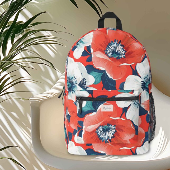 Mochila Impresa Monograma floral azul y rojo superdimensionado mod (Add a splash of elegance and energy to your day with this vibrant coral floral backpack. )