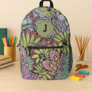 Mochila Impresa Monograma floral de huerta de mano de jardín psico
