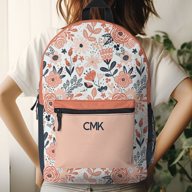 Mochila Impresa Monograma floral moderno rosa y azul marino de Rub (Subido por el creador)