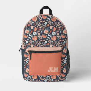 Mochila Impresa Monograma floral rosa y azul marino lindo