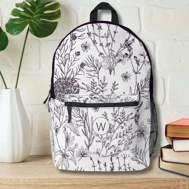 Mochila Impresa Monograma floral simple en blanco y negro (Subido por el creador)