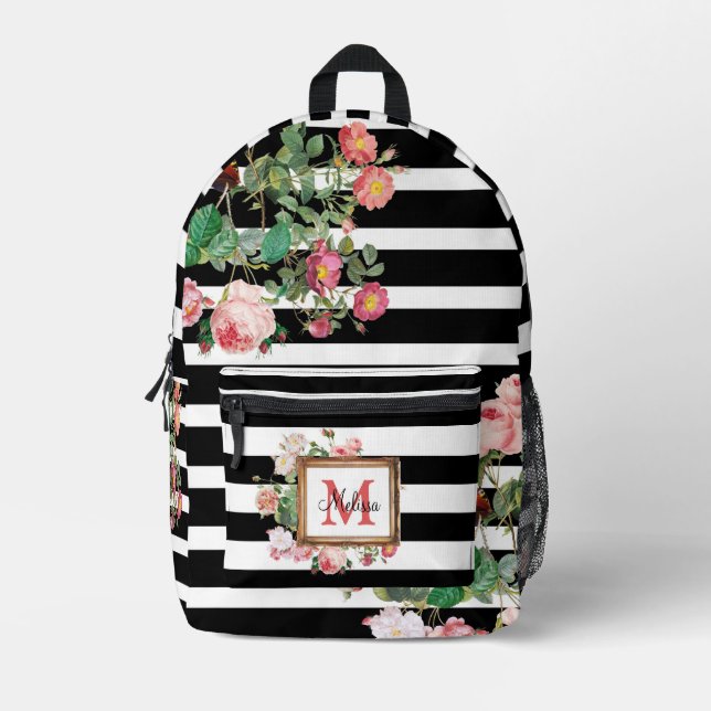 Mochila Impresa Monograma Floral y rayas antiguas de época (Anverso)