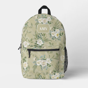 Mochila Impresa Monograma Flores Blancas y Puntos Ondulados