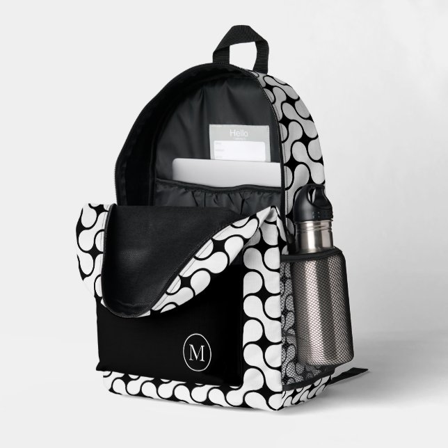 Mochila Impresa Monograma geométrico moderno negro y blanco (Esquina trasera derecha (abierta))