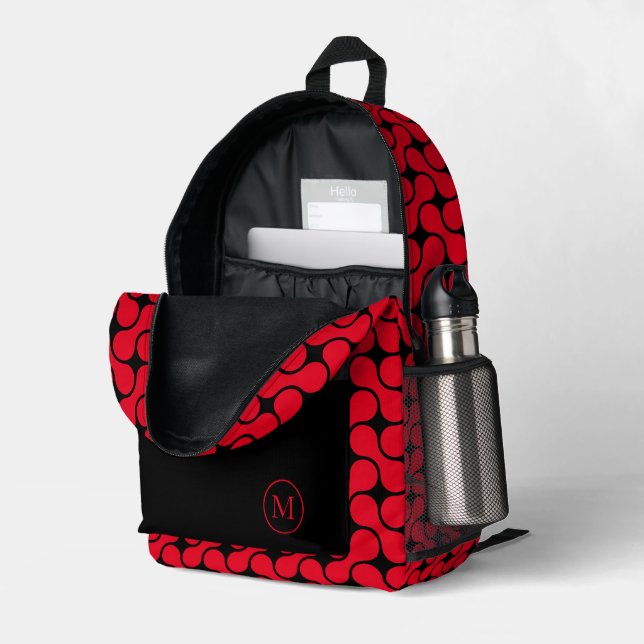 Mochila Impresa Monograma geométrico moderno rojo y negro (Esquina trasera derecha (abierta))