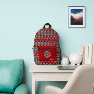 Mochila Impresa Monograma geométrico rojo y turquesa del suroeste