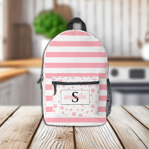 Mochila Impresa Monograma inicial con franjas y flores rosas