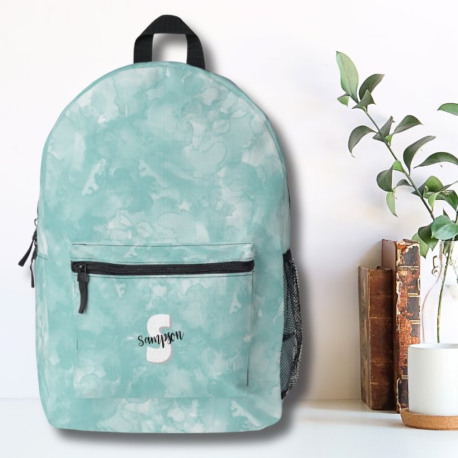 Mochila Impresa Monograma inicial de color azul verde azulado (Cute Modern Monogram Teal Blue Watercolor Printed Backpack)