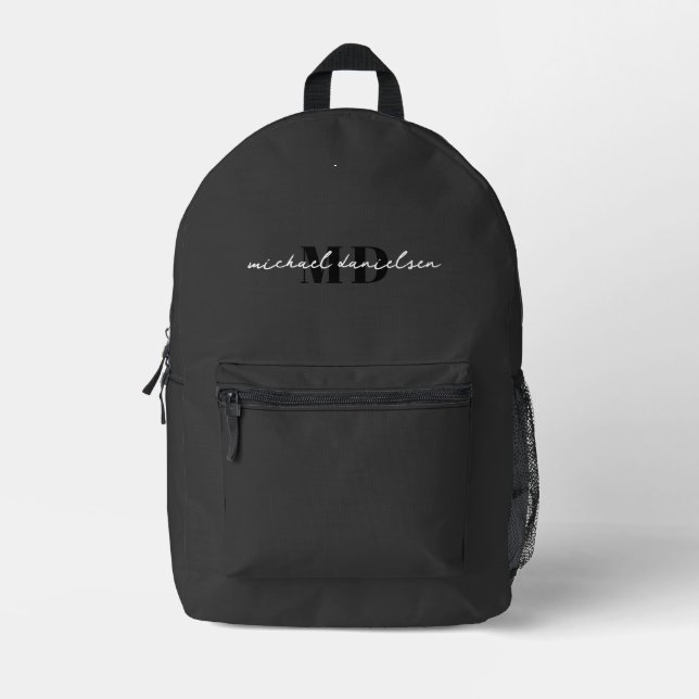 Mochila Impresa Monograma inicial de escritura moderna en blanco y (Anverso)