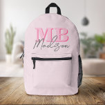 Mochila Impresa Monograma inicial rosado moderno minimalista<br><div class="desc">Crea tu propia mochila personalizada con iniciales minimalistas modernas y nombre de monograma de caligrafía de script.</div>