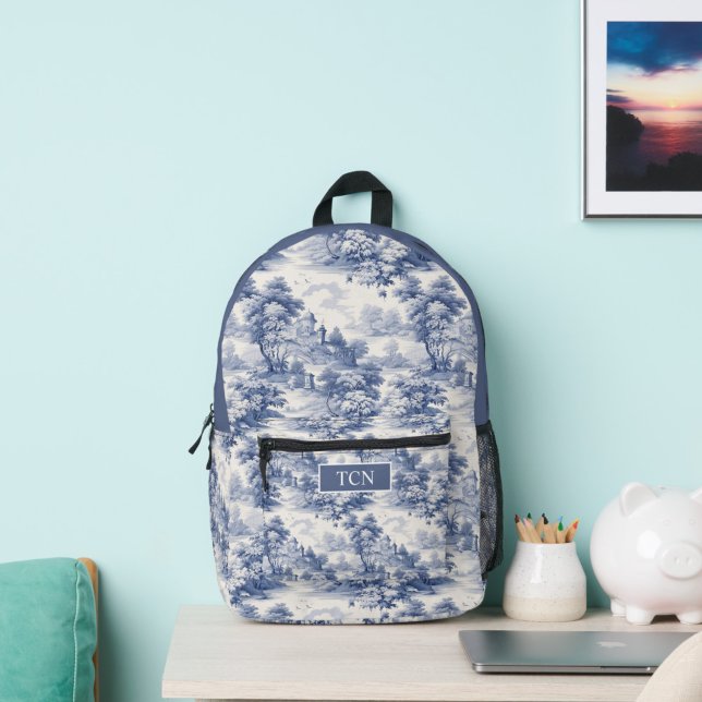 Mochila Impresa Monograma Iniciales Patrón de tela azul blanco fra (Blue White Toile French Country Pattern Monogrammed Backpack)