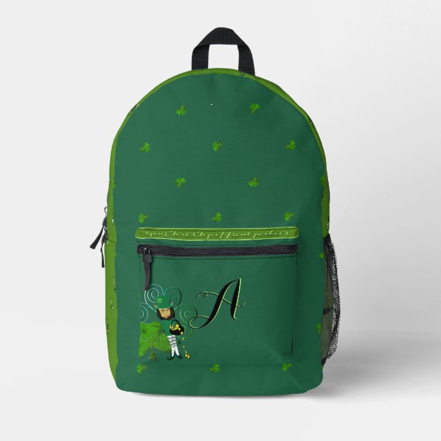 Mochila Impresa Monograma Leprechaun Shamrock Verde azulada (Anverso)