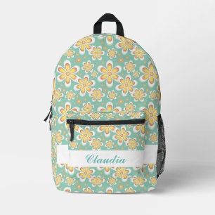 Mochila Impresa Monograma lindo naranja flores en verde