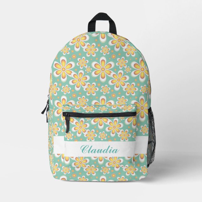 Mochila Impresa Monograma lindo naranja flores en verde (Anverso)