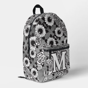Mochila Impresa Monograma "M" Patrón de tatuaje floral Negro DIY b