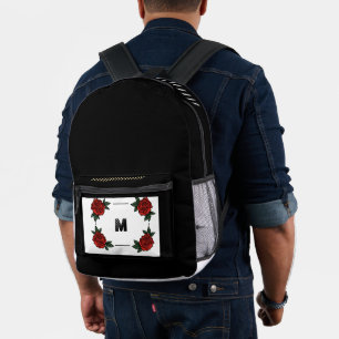 Mochila Impresa Monograma "M" personalizado con rosa roja fondo ne