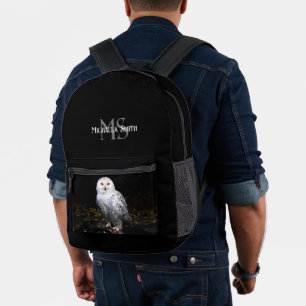 Mochila Impresa Monograma majestuoso de búho nevado con nombre per