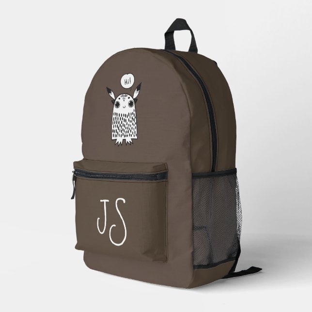 Mochila Impresa Monograma marrón de chocolate monstruo lindo minim (Esquina derecha trasera )