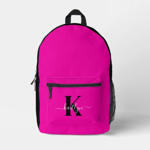 Mochila Impresa Monograma moderno de guión negro rosa caliente