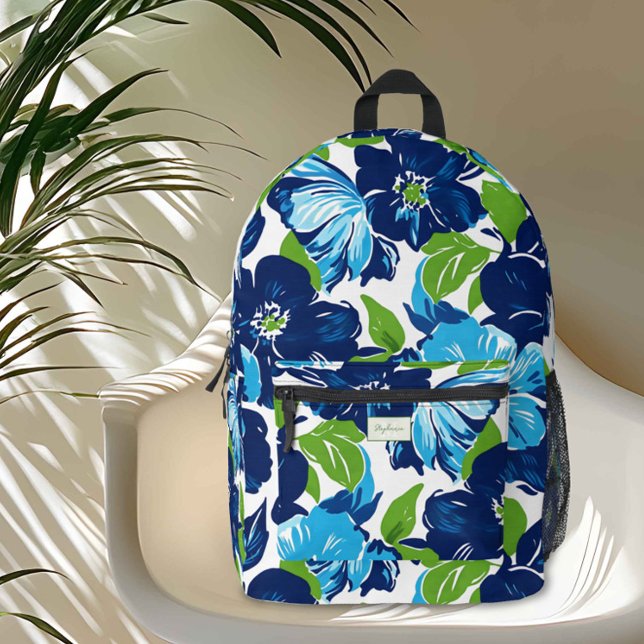 Mochila Impresa Monograma moderno Floral Azul y Verde (Add a burst of color and flair to your everyday adventures with this stunning floral backpack. )
