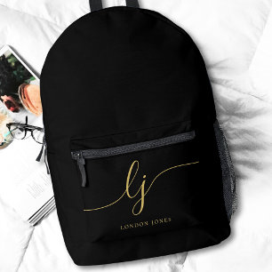 Mochila Impresa Monograma Moderno Mínimo Oro Negro Iniciales