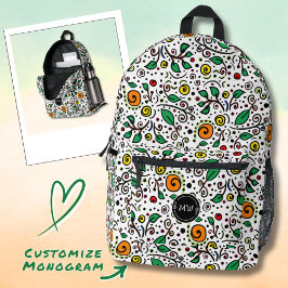 Mochila Impresa Monograma naranja de patrón de flor Swirl Berry Wh