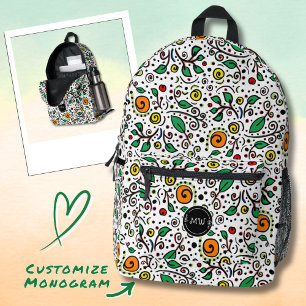 Mochila Impresa Monograma naranja de patrón de flor Swirl Berry Wh