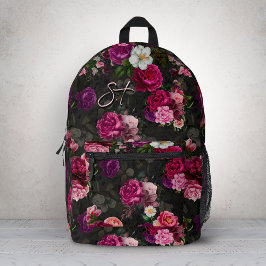 Mochila Impresa Monograma negro de flores rosadas elegantes