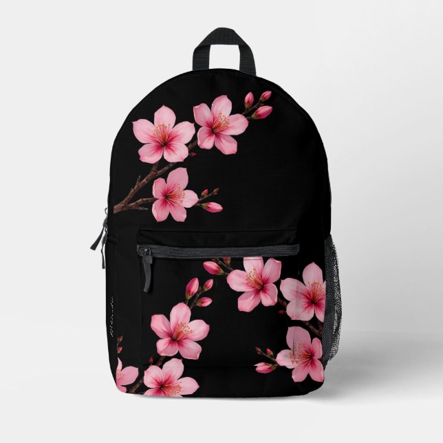 Mochila Impresa Monograma negro rosado con flores de cerezo (Anverso)
