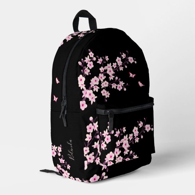 Mochila Impresa Monograma negro rosado con flores de cerezo (Esquina izquierda trasera)