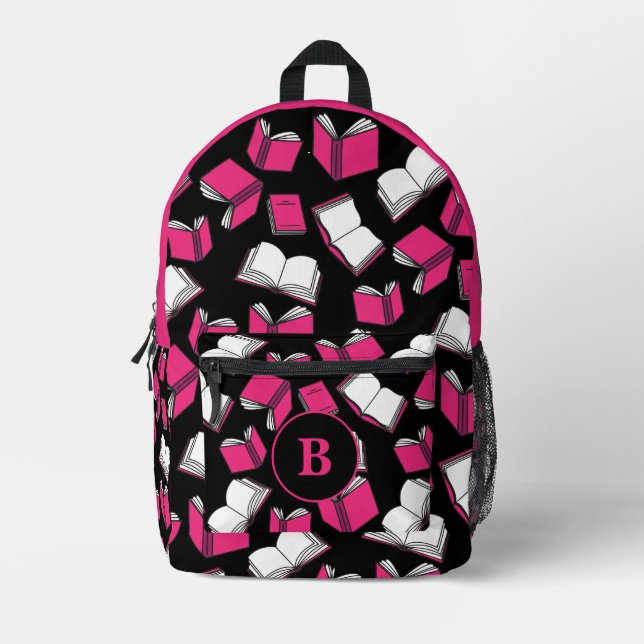 Mochila Impresa Monograma negro rosado para biblioteca Lover del l (Anverso)