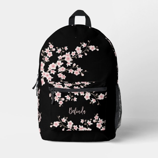 Mochila Impresa Monograma negro rosado Rubor con flores de cerezo (Anverso)